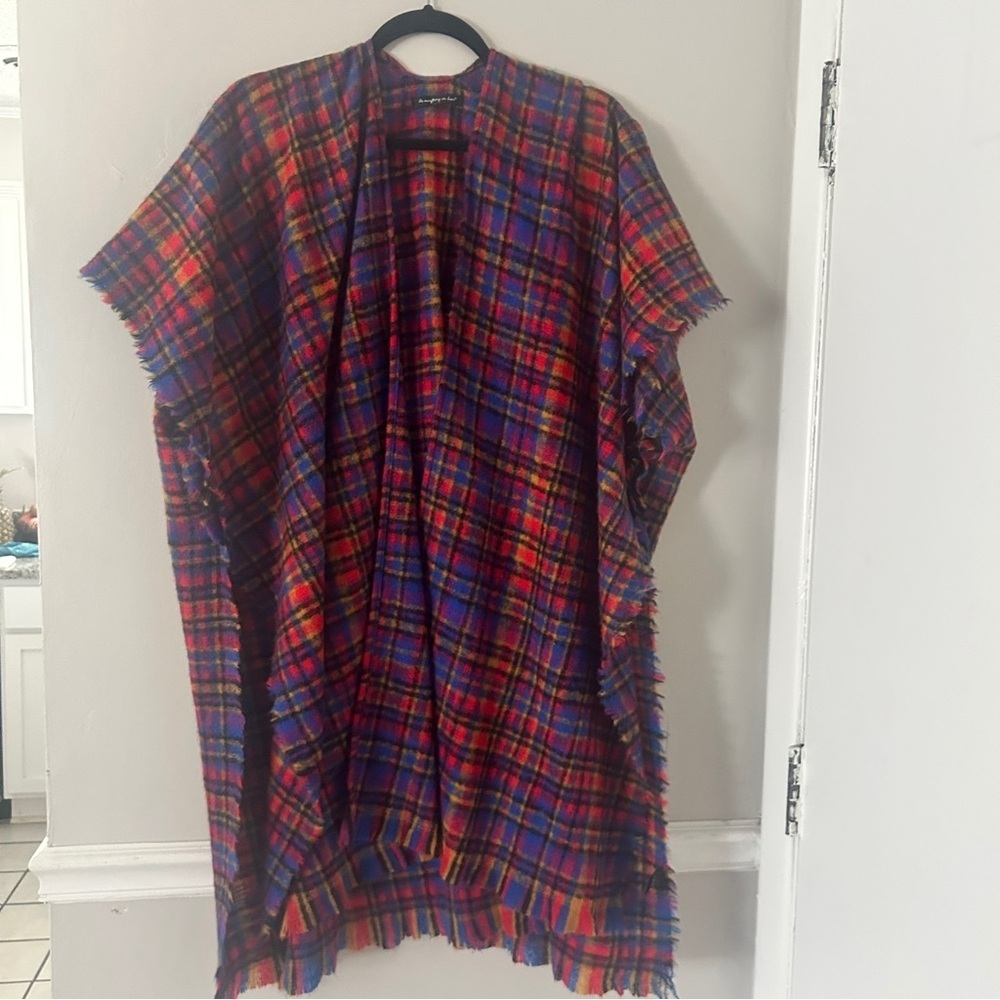 Plaid Poncho with Fringe